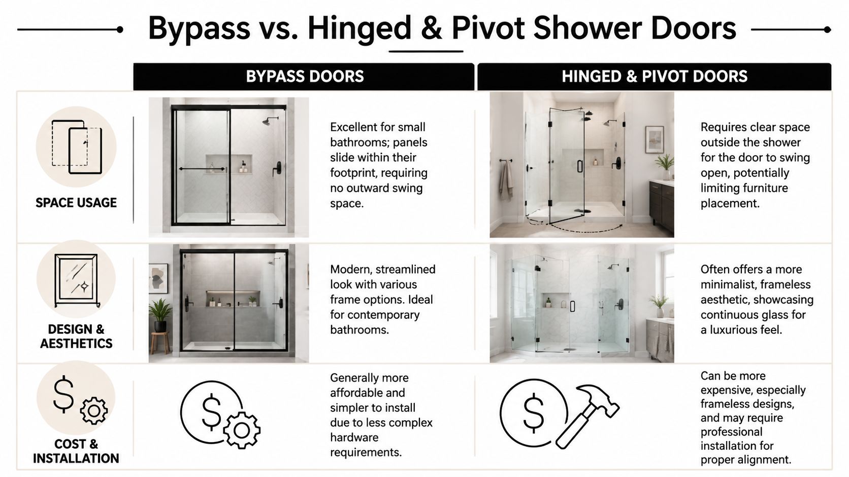 A comparison chart showing the differences between bypass and hinged pivot shower doors regarding space, aesthetics, and installation.