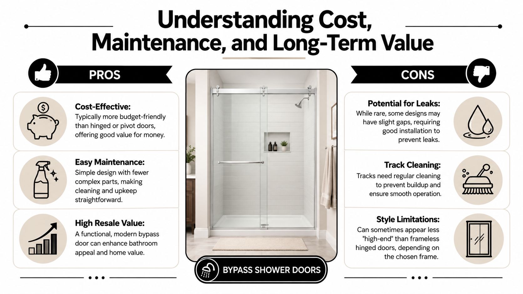 An infographic highlighting the pros and cons of bypass shower doors for bathroom remodeling and home value.