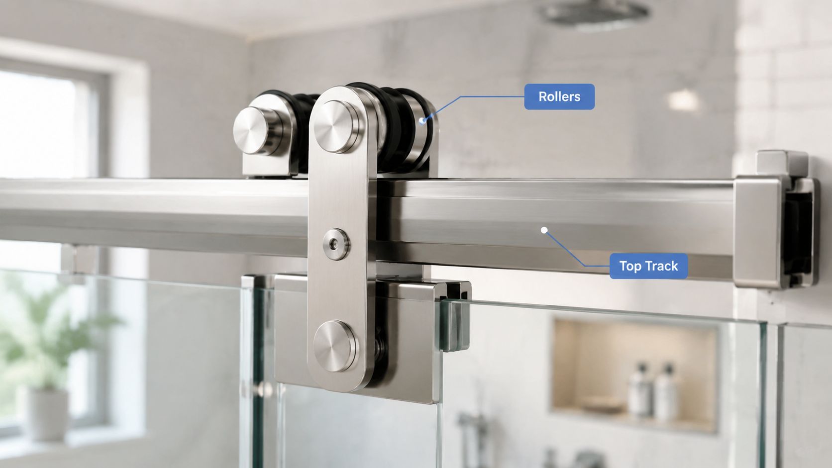 A close up view of the brushed metal hardware and sliding rollers on a glass shower door.