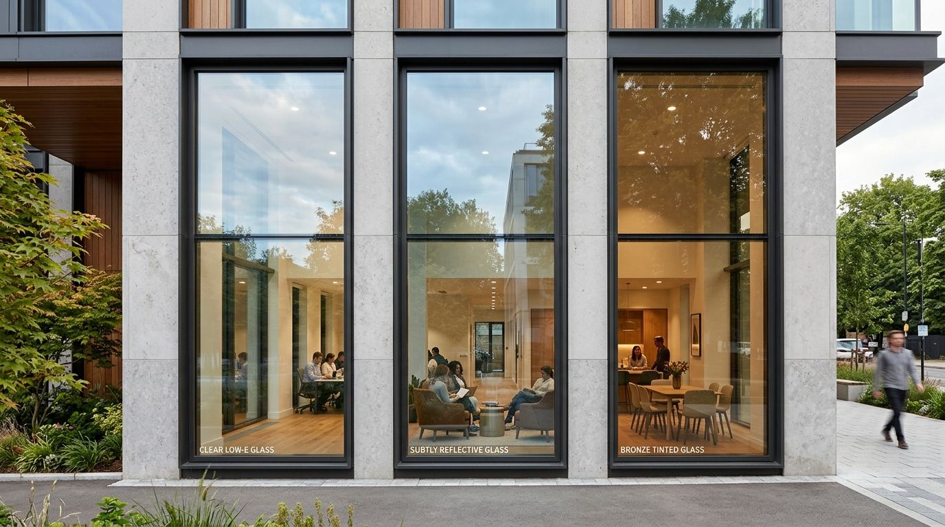 Three large storefront windows showcasing different types of solar control glass installed on a modern building exterior.