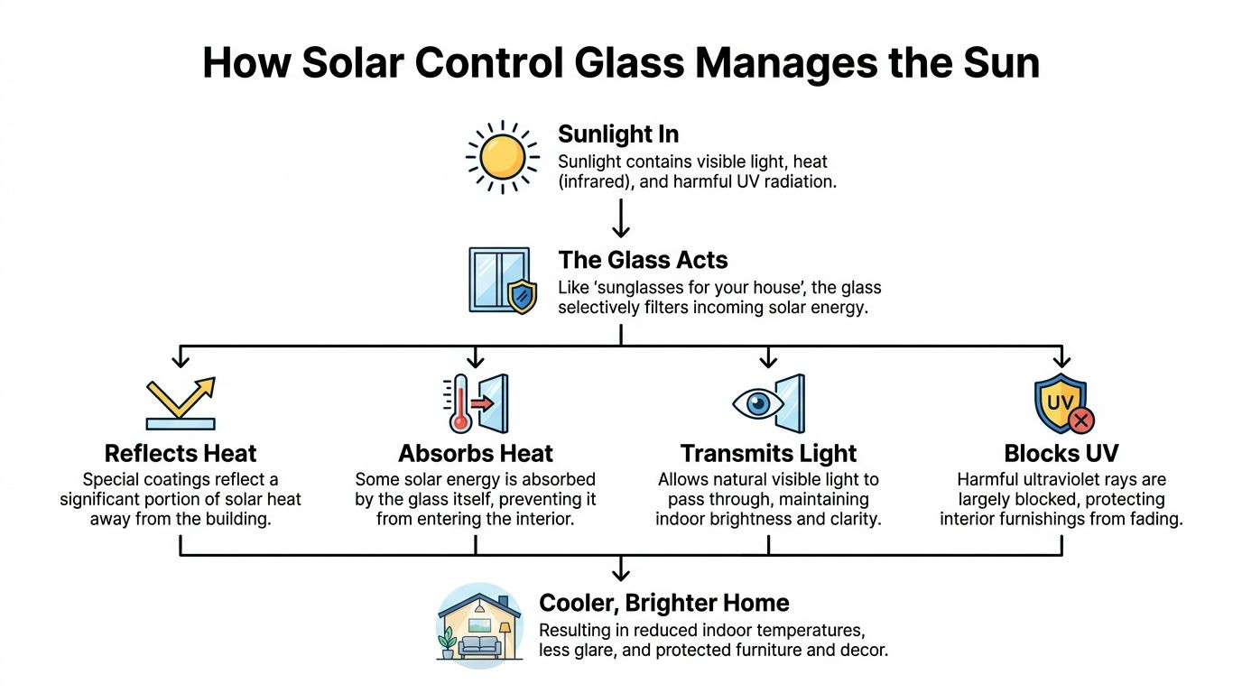 A diagram illustrating how solar control glass reflects heat, absorbs heat, transmits light, and blocks harmful UV rays.