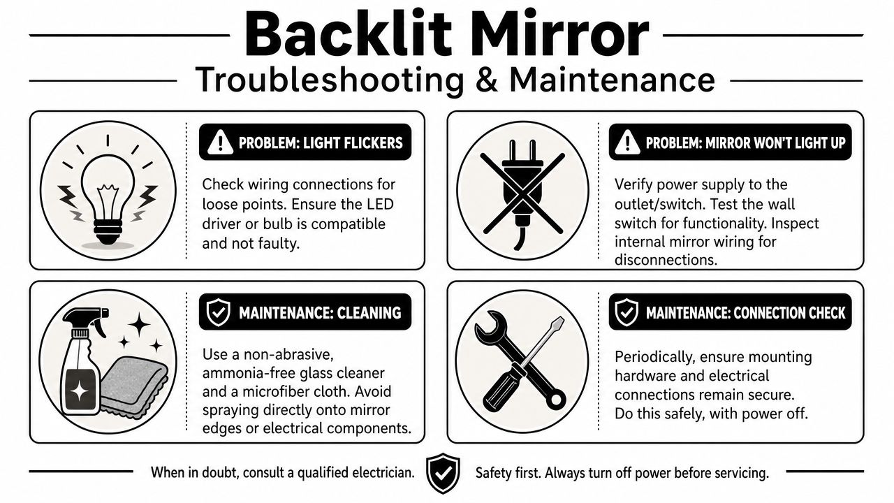 An infographic showing troubleshooting steps and maintenance advice for a backlit LED bathroom mirror.