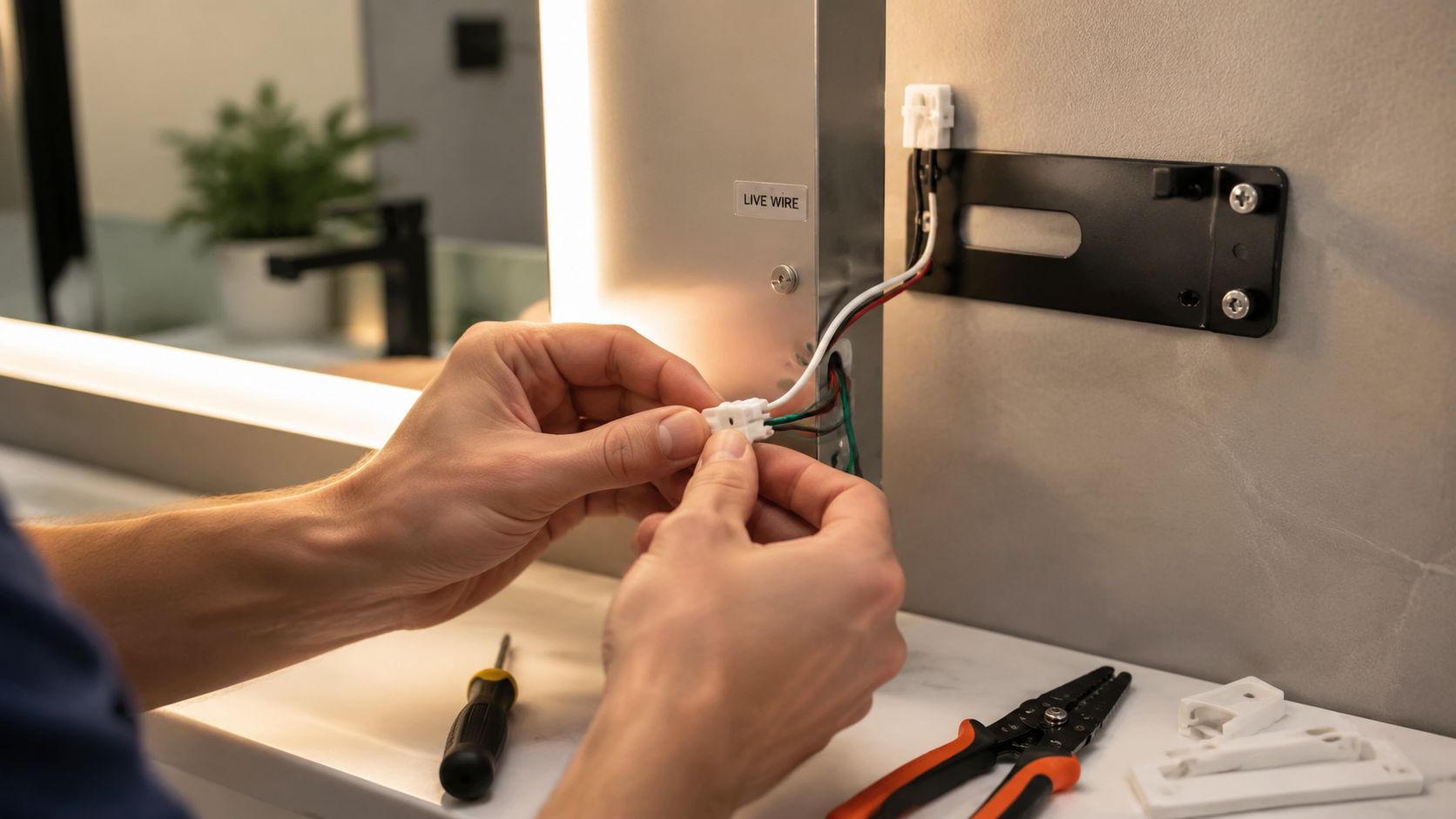 A person connects wires during the installation of a modern LED backlit mirror in a bathroom.