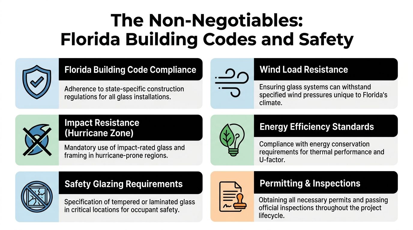 An infographic detailing six essential Florida building codes and safety regulations for commercial glass installation projects.