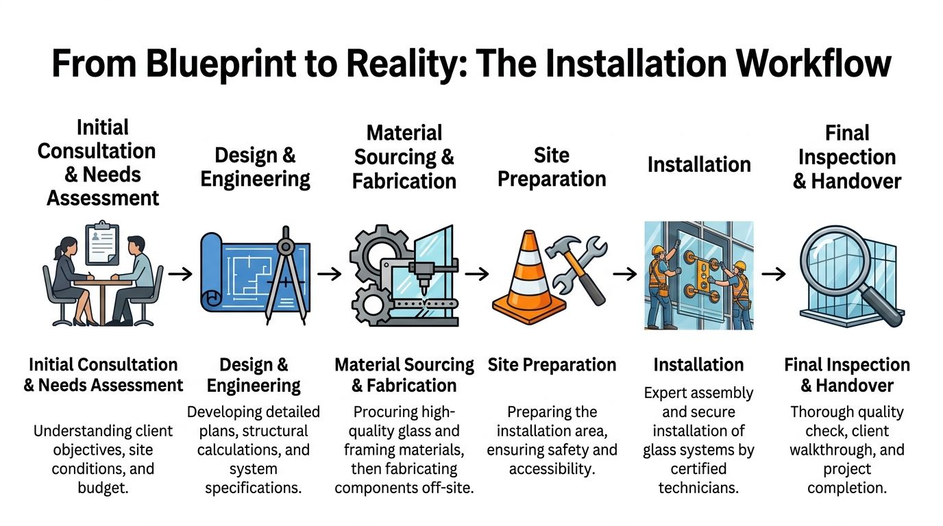 An infographic showing a six-step commercial glass installation workflow, from initial consultation to final project handover.