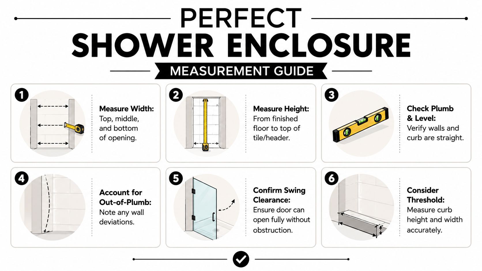 A six-step instructional guide on how to measure a shower opening for a glass enclosure.