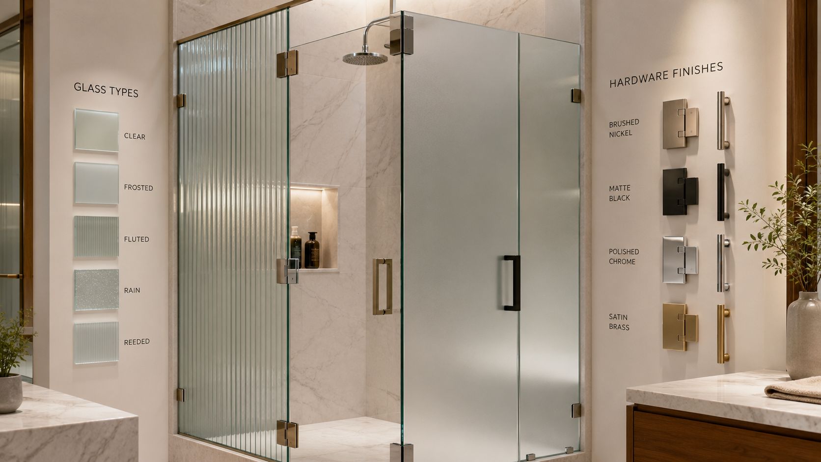 A modern bathroom display showing various glass types and hardware finishes for a corner shower enclosure.