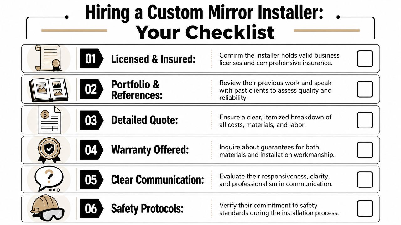 A checklist for hiring a professional custom mirror installer, listing six essential steps for selection.