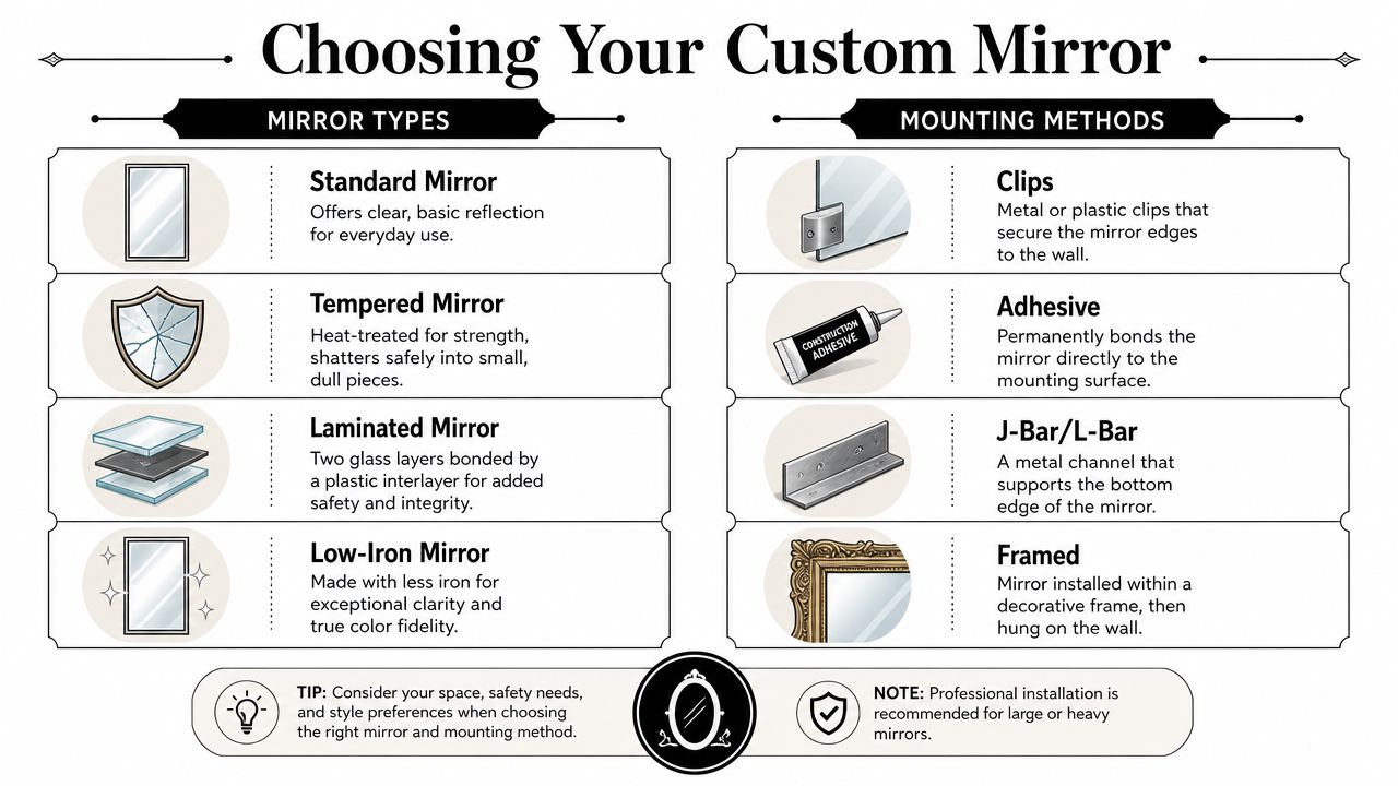 An infographic detailing different types of custom mirrors and various professional mounting methods for wall installation.