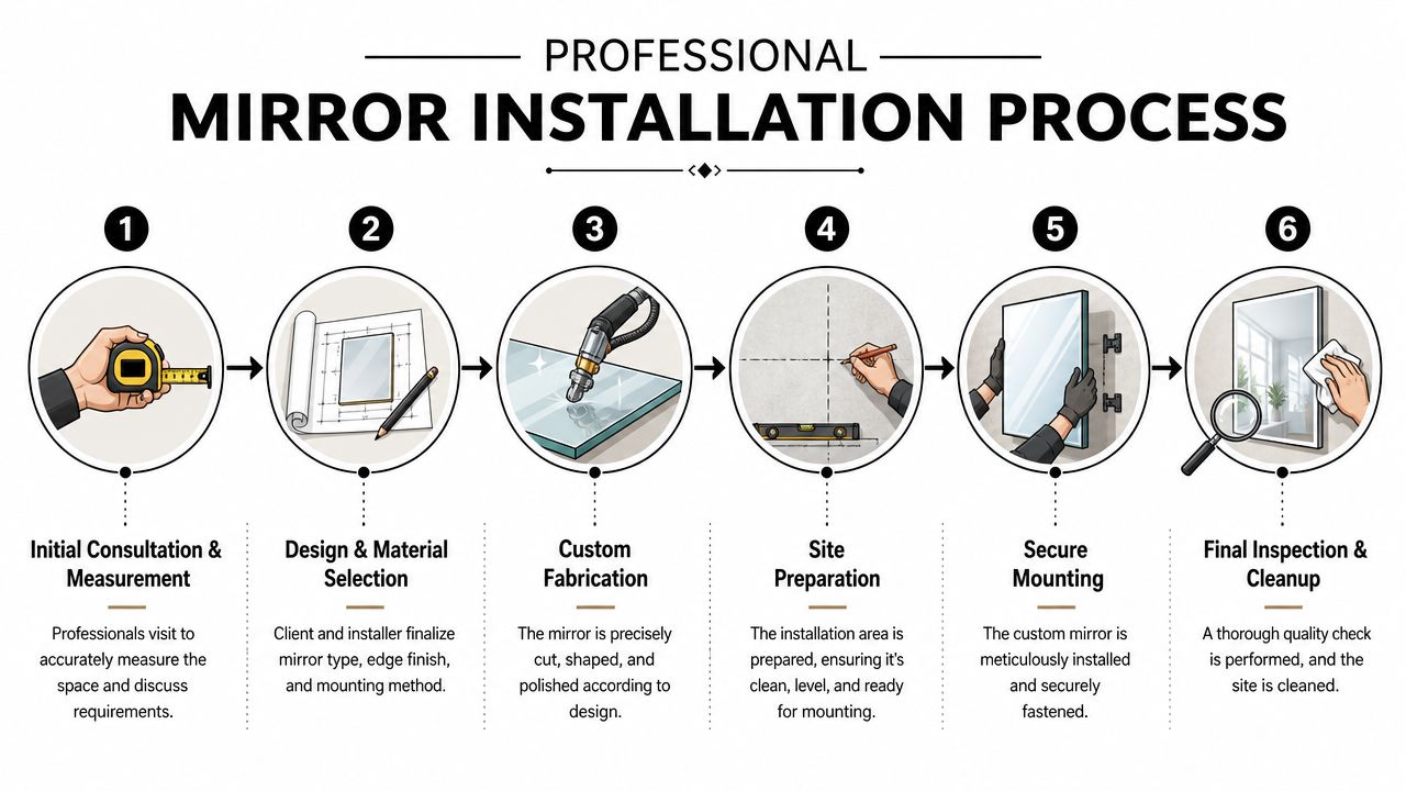 A six-step infographic illustrating the professional custom mirror installation process from measurement to final cleanup.