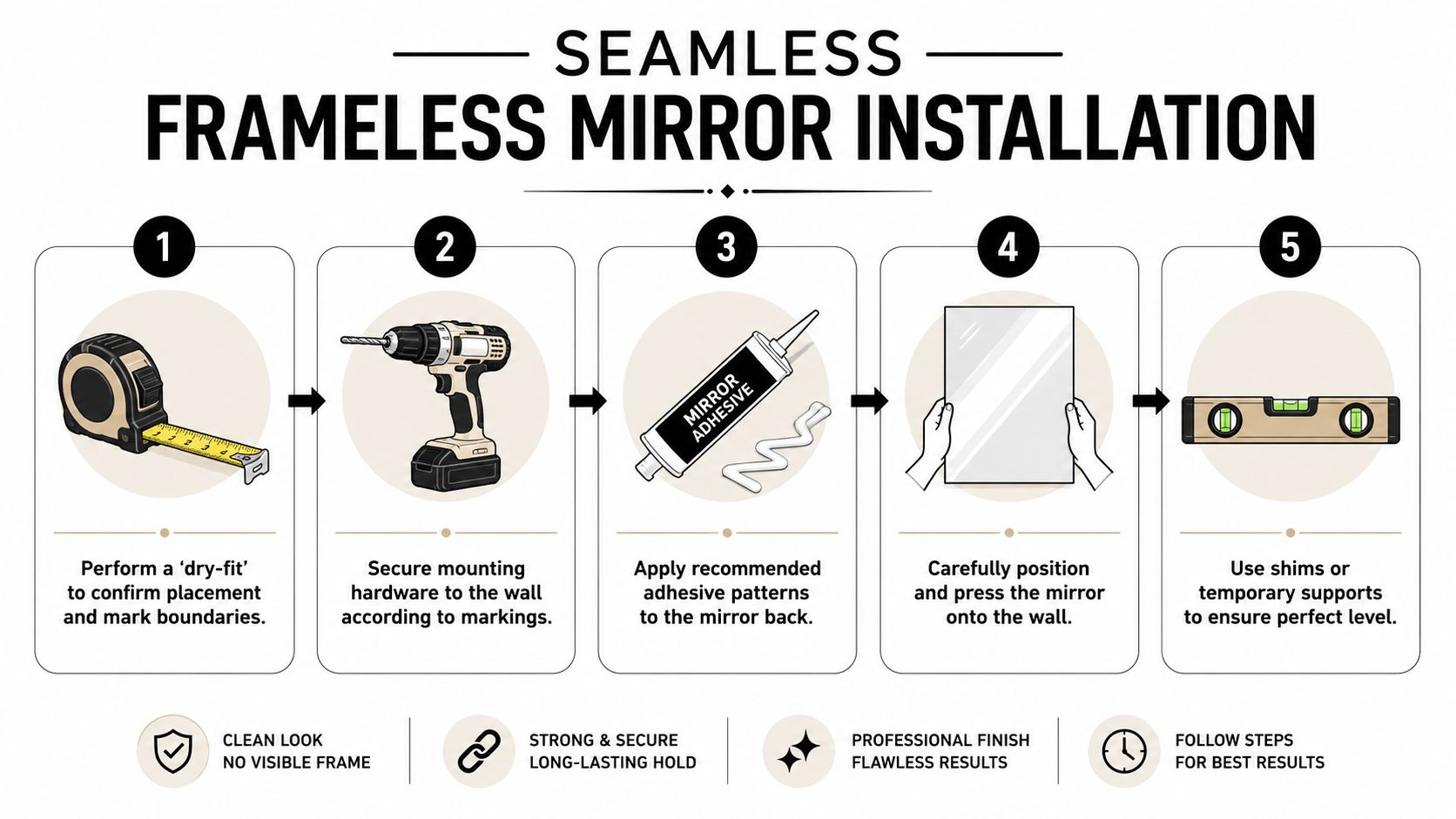 A five-step infographic guide illustrating the professional installation process for a frameless wall mirror.