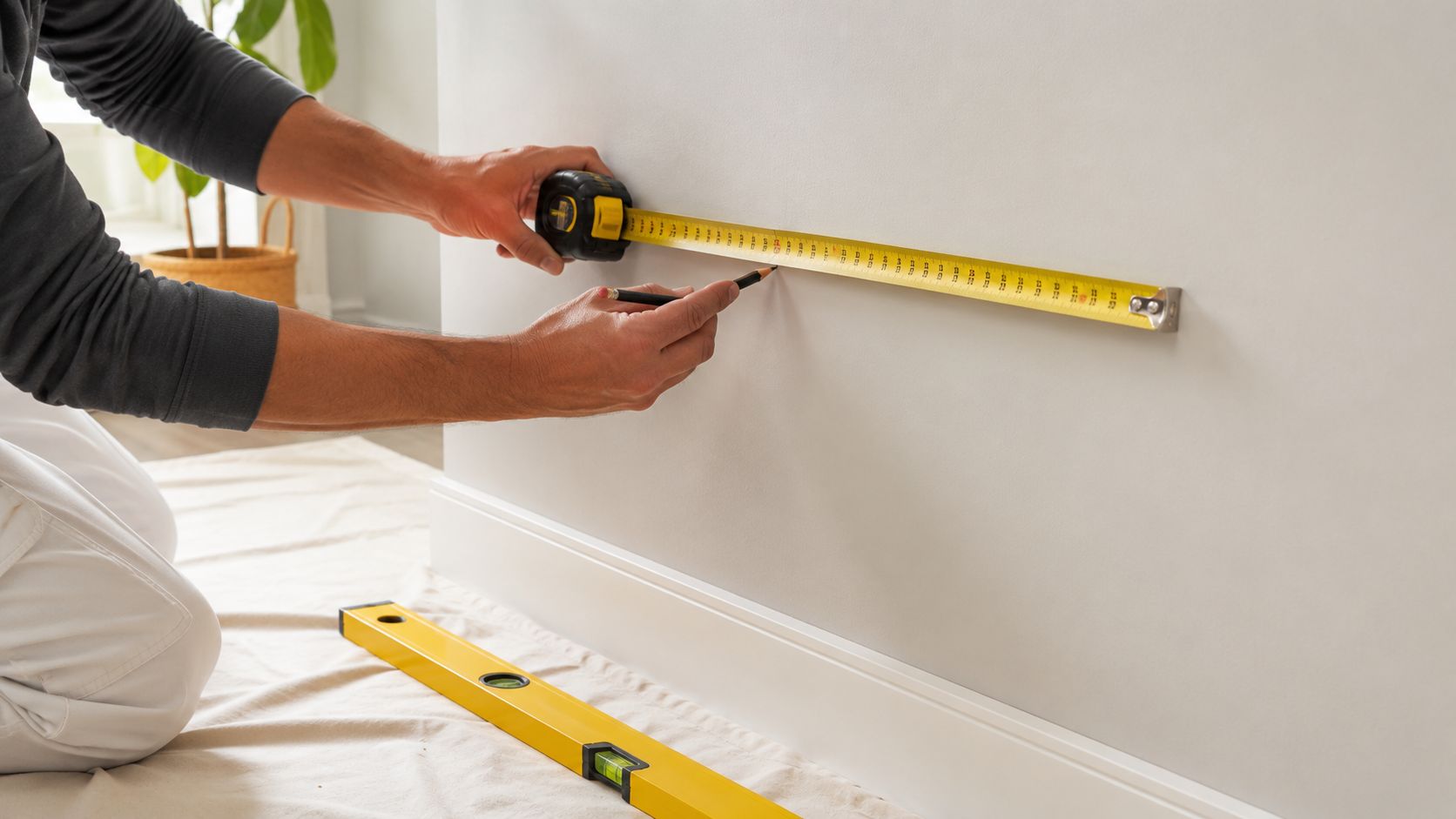 A person measures a wall with a tape measure and marks it with a pencil for renovation.