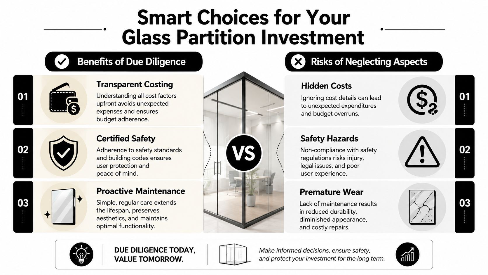 An infographic comparing benefits of due diligence versus risks of neglecting aspects for glass partition installations.