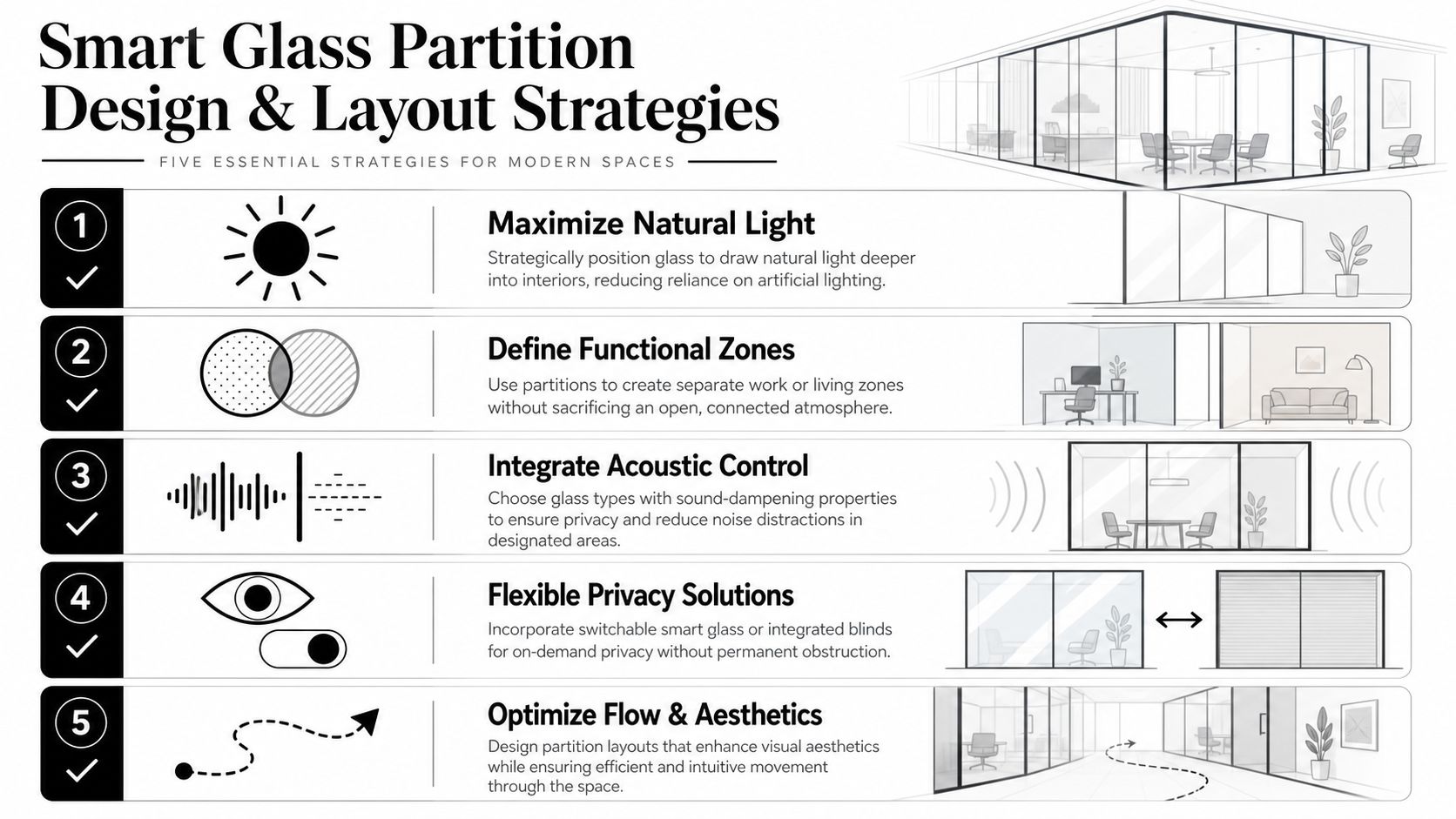 A professional infographic titled Smart Glass Partition Design and Layout Strategies outlining five key tips for modern spaces.