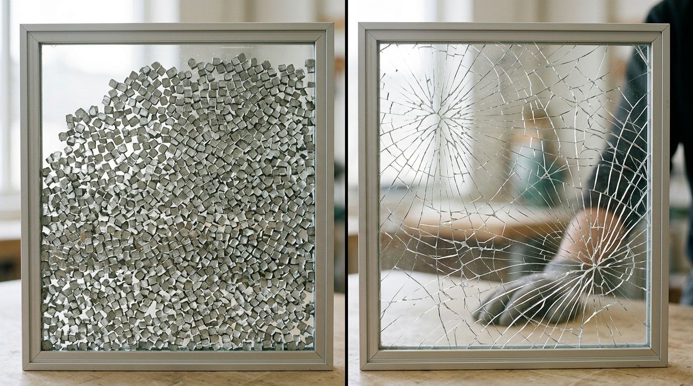 A split-screen comparison showing tempered glass fragments on the left and a shattered glass pane on the right.