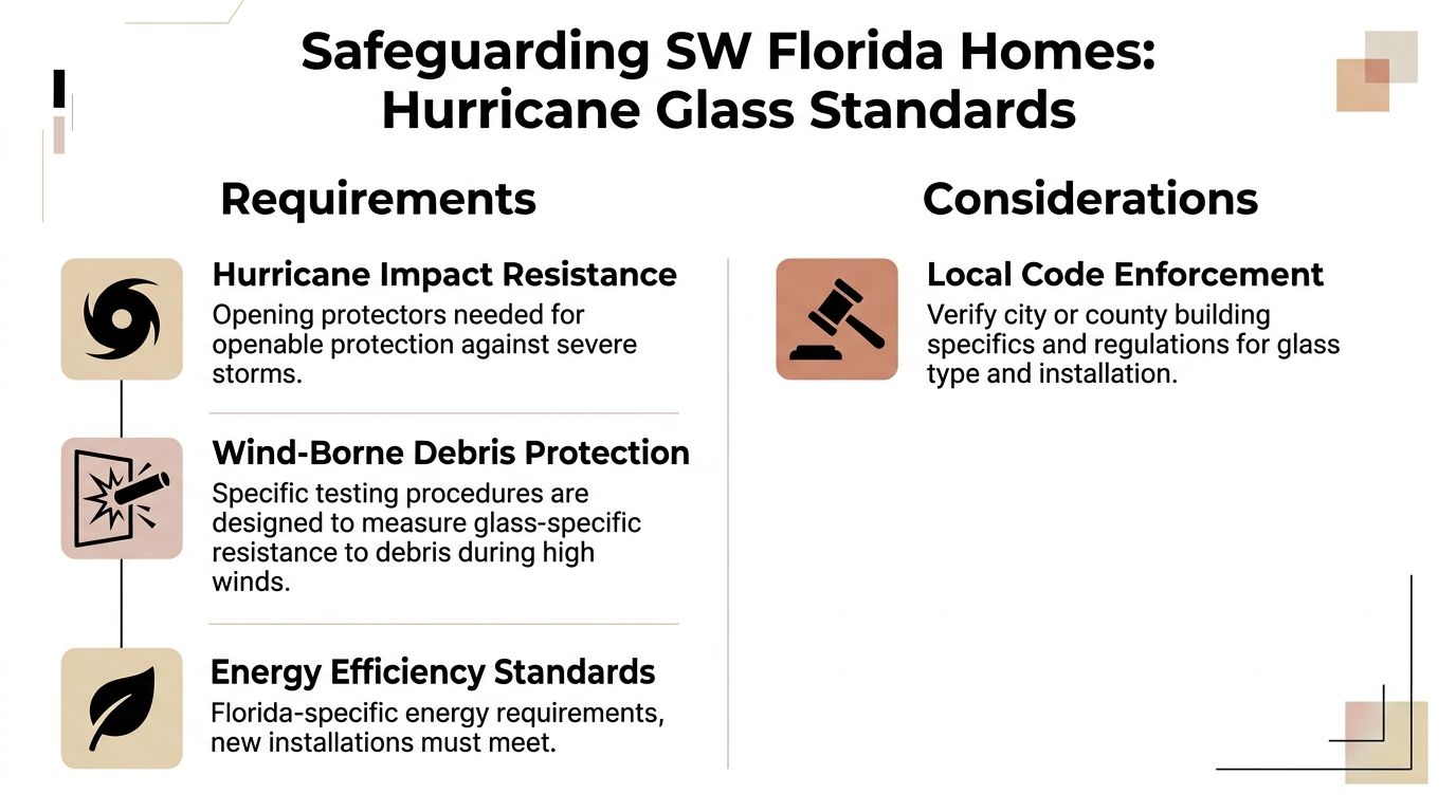 An infographic detailing Southwest Florida hurricane glass standards, including requirements for impact, debris, and energy efficiency.