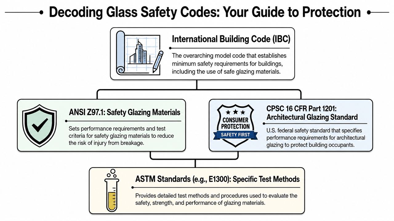A diagram outlining key glass safety standards including IBC, ANSI Z97.1, CPSC 16 CFR, and ASTM testing methods.