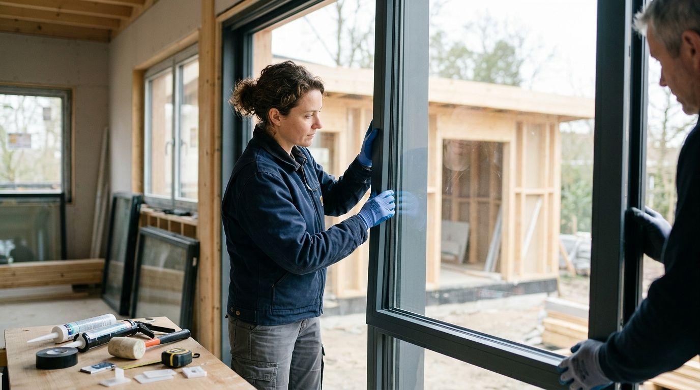 A female construction worker in a blue jacket installing a large glass window pane with a coworker.