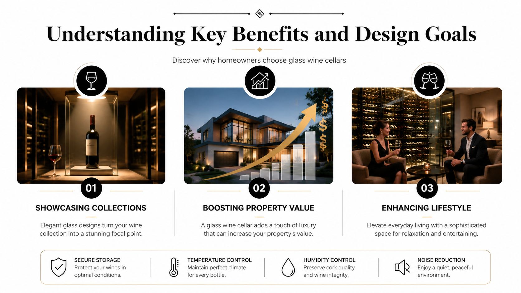 A professional infographic highlighting the benefits and design goals of installing a glass wine cellar at home.