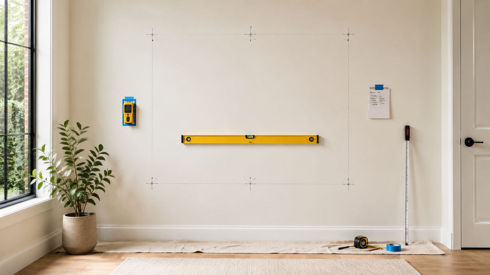 A wall prepared for a gym mirror installation with a level, tape measure, and stud finder ready.