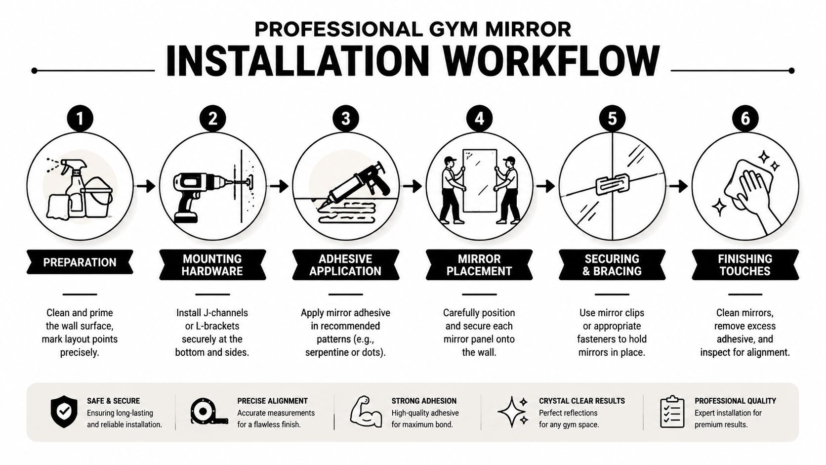 A professional infographic illustrating the six-step workflow for installing a gym mirror safely and accurately.