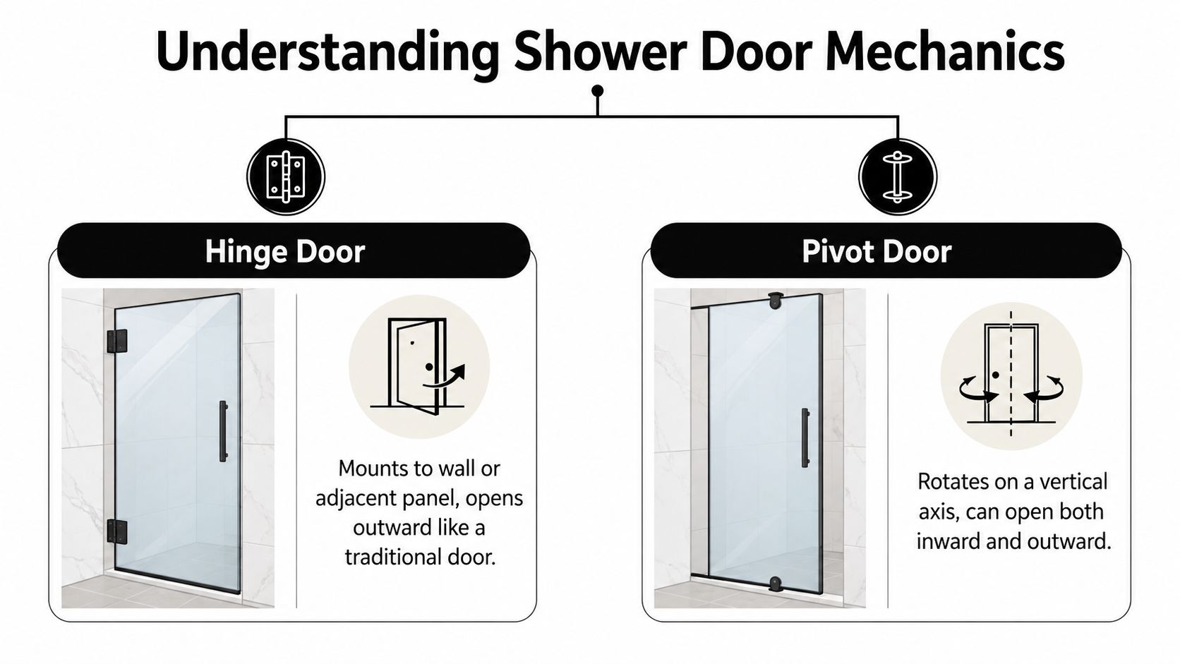 A comparison chart explaining the functional differences between hinge shower doors and pivot shower doors.