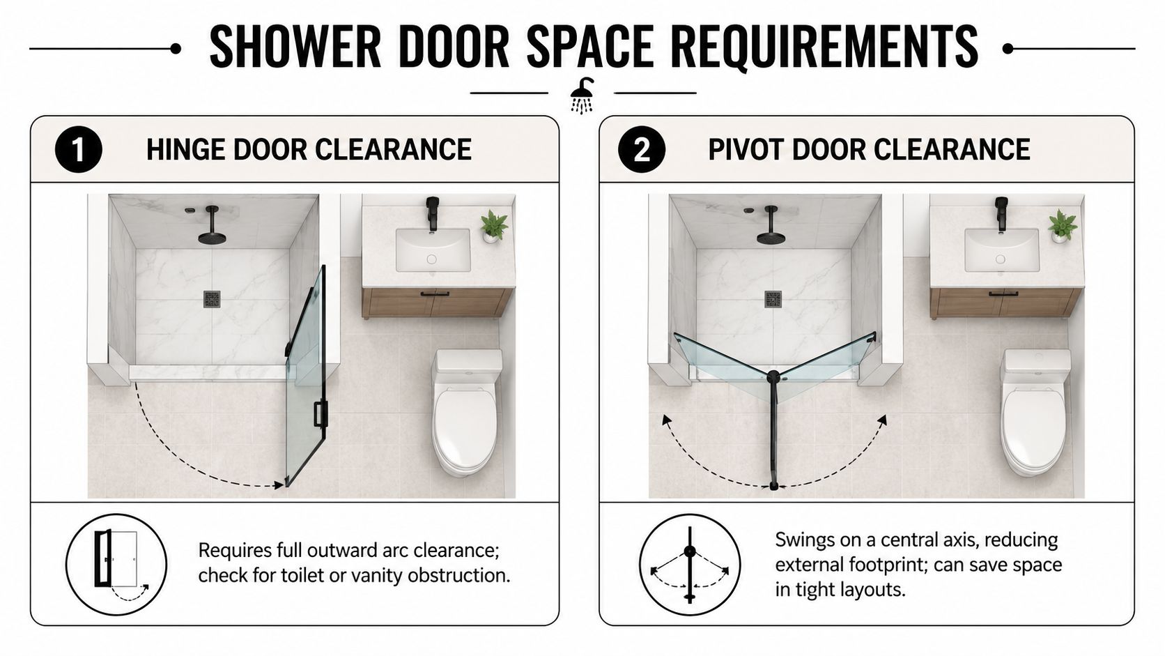 A comparison graphic showing the space requirements for hinge and pivot shower doors in a bathroom.
