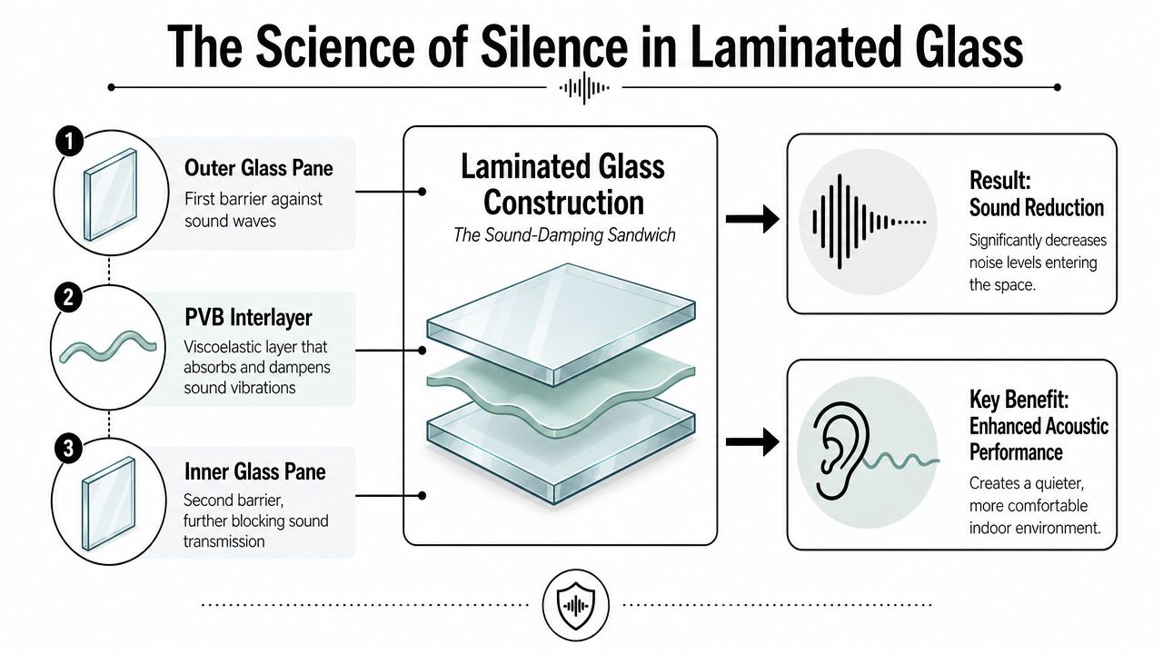 A diagram explaining how laminated glass construction uses a PVB interlayer for effective sound reduction and insulation.