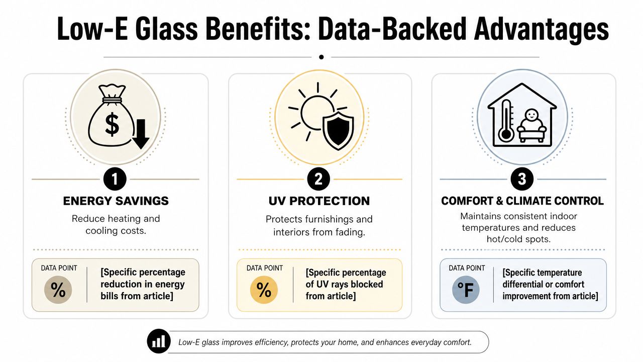 An infographic showing three main benefits of low-E glass: energy savings, UV protection, and improved home comfort.