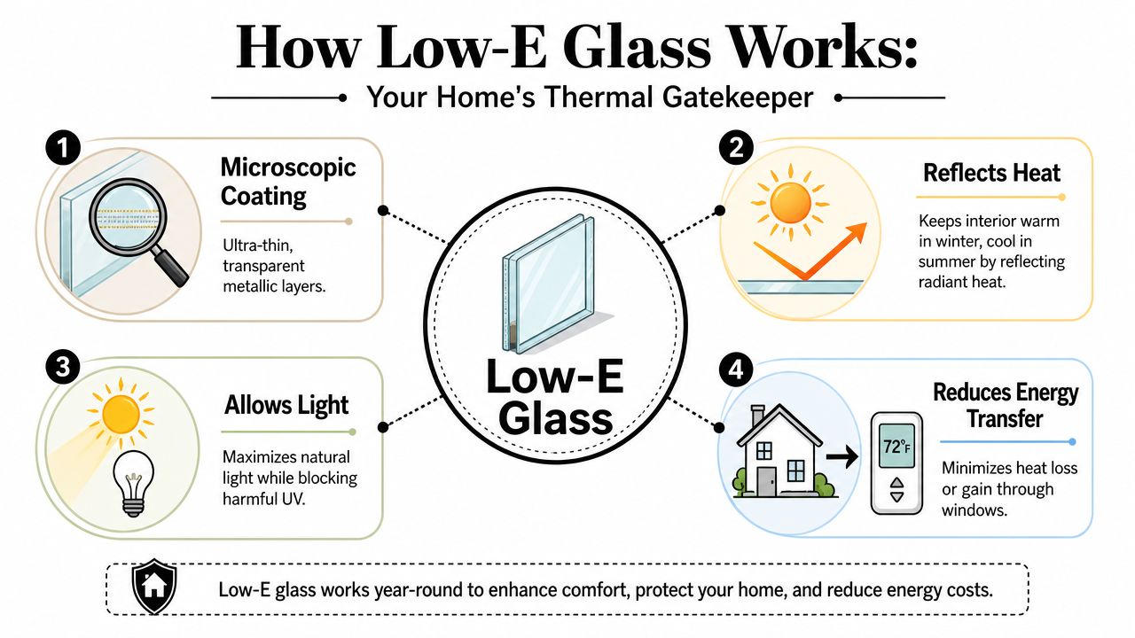 An infographic illustrating the functional benefits of Low-E glass for home energy efficiency and temperature control.