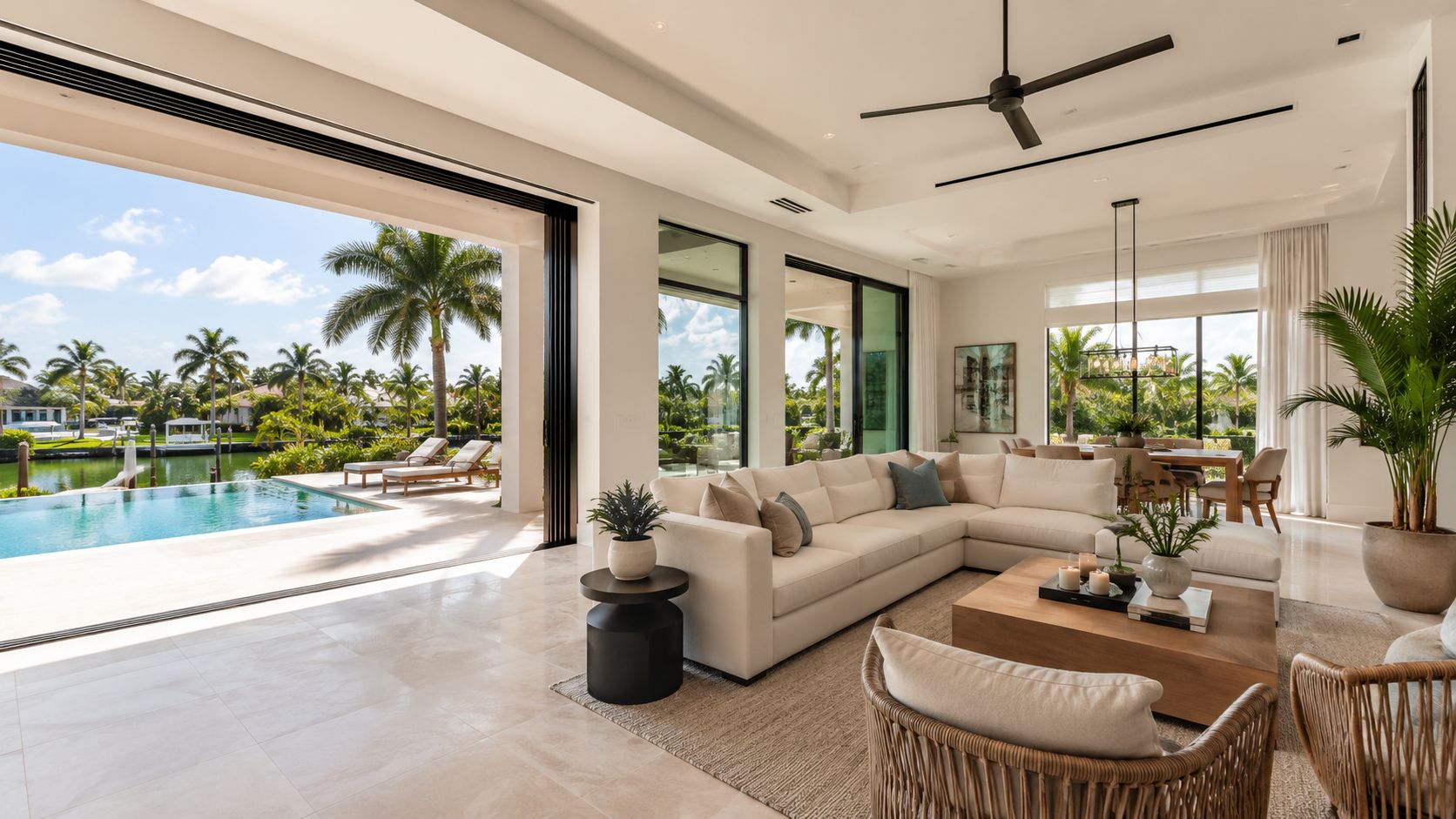 A luxurious open-plan living room with sliding glass doors opening to a scenic infinity pool and waterway.