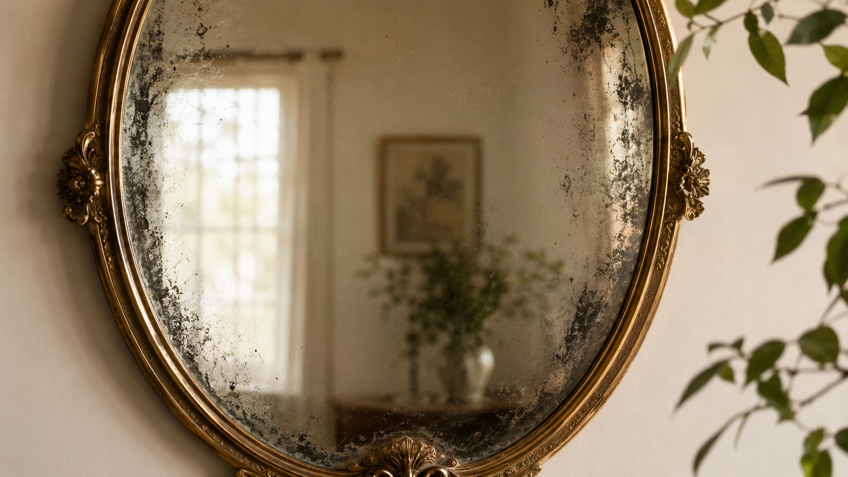 An oval vintage mirror with an ornate gold frame reflecting a bright room with a plant.