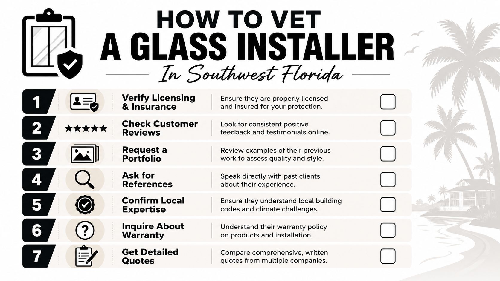 A checklist infographic titled How to Vet a Glass Installer in Southwest Florida with seven steps.