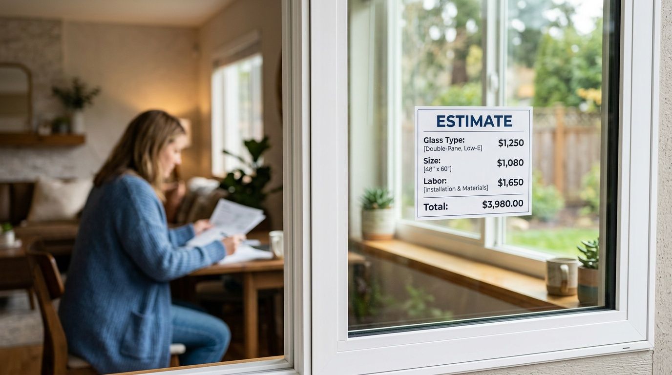 A woman reviewing a home repair estimate displayed on a window in her bright living room.