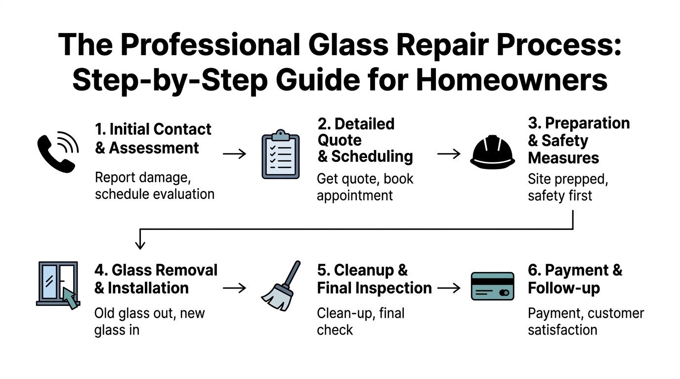 A six step infographic titled The Professional Glass Repair Process detailing steps for home glass restoration services.