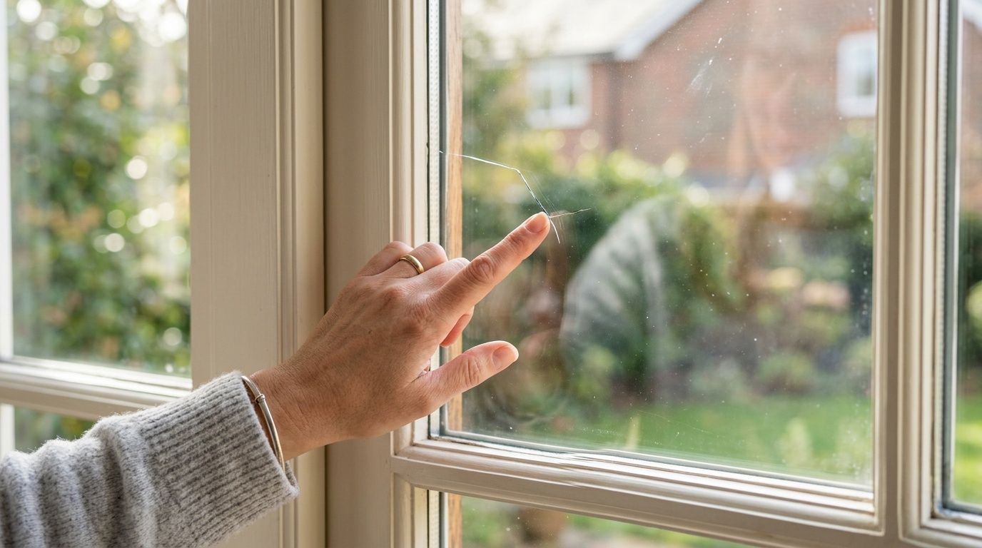 A person pointing to a crack in their residential window pane from inside the home.