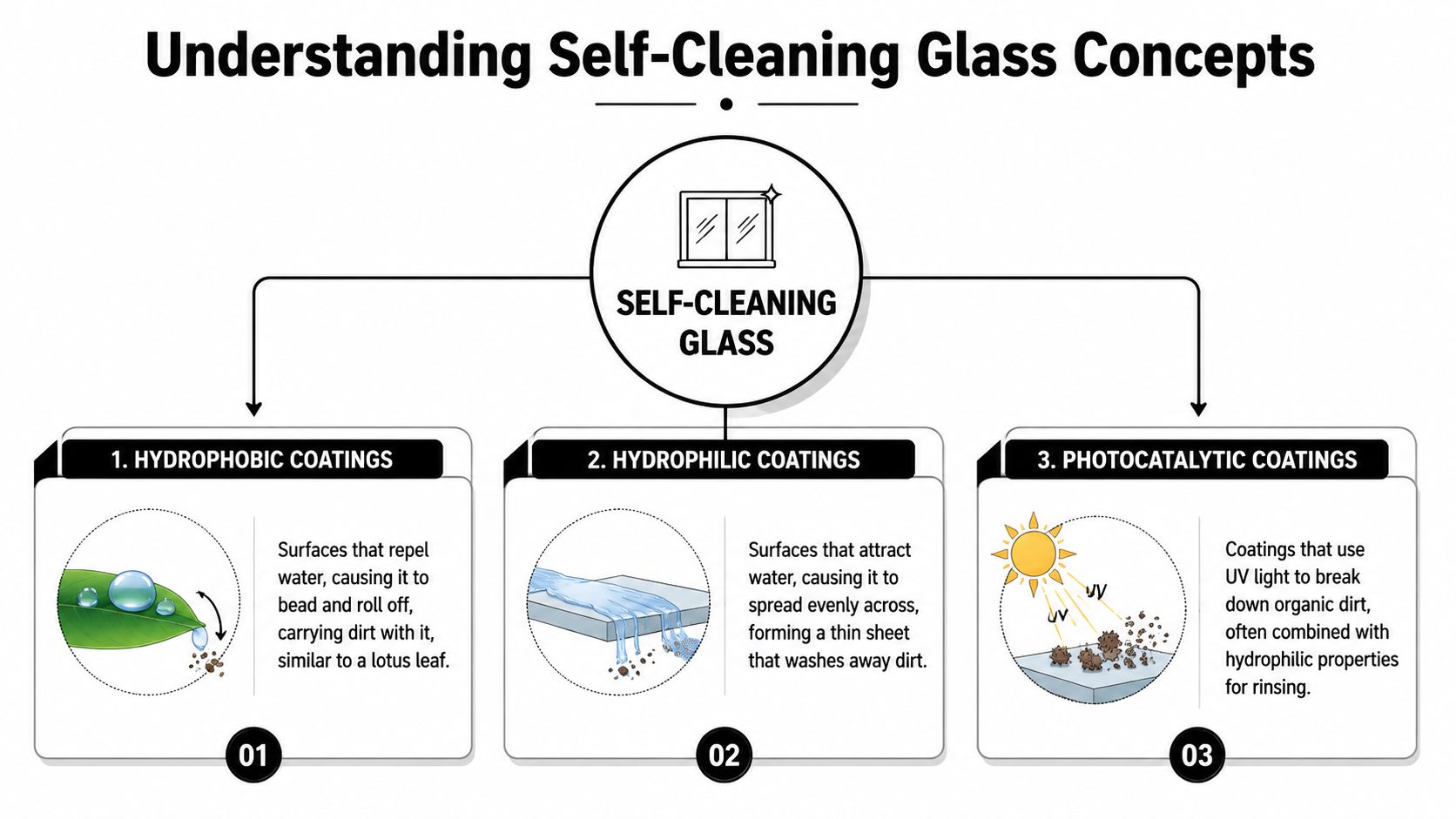 An infographic illustrating three distinct technologies used for creating self-cleaning glass surfaces for modern building windows.
