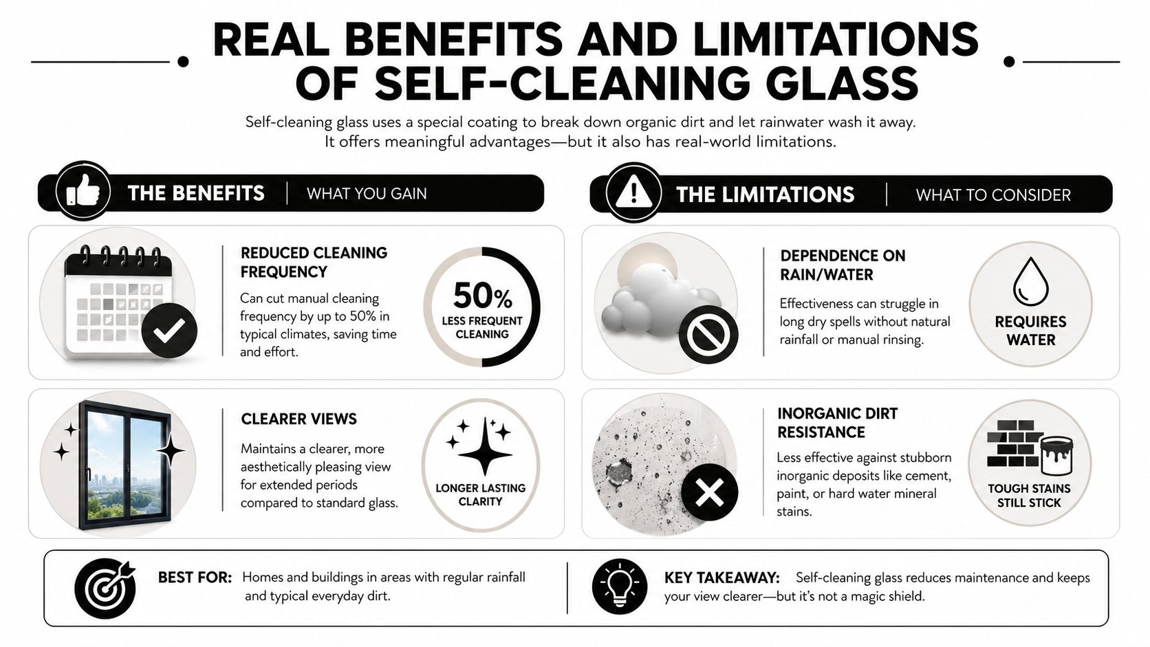 An infographic detailing the benefits and limitations of using self-cleaning glass technology for windows and buildings.