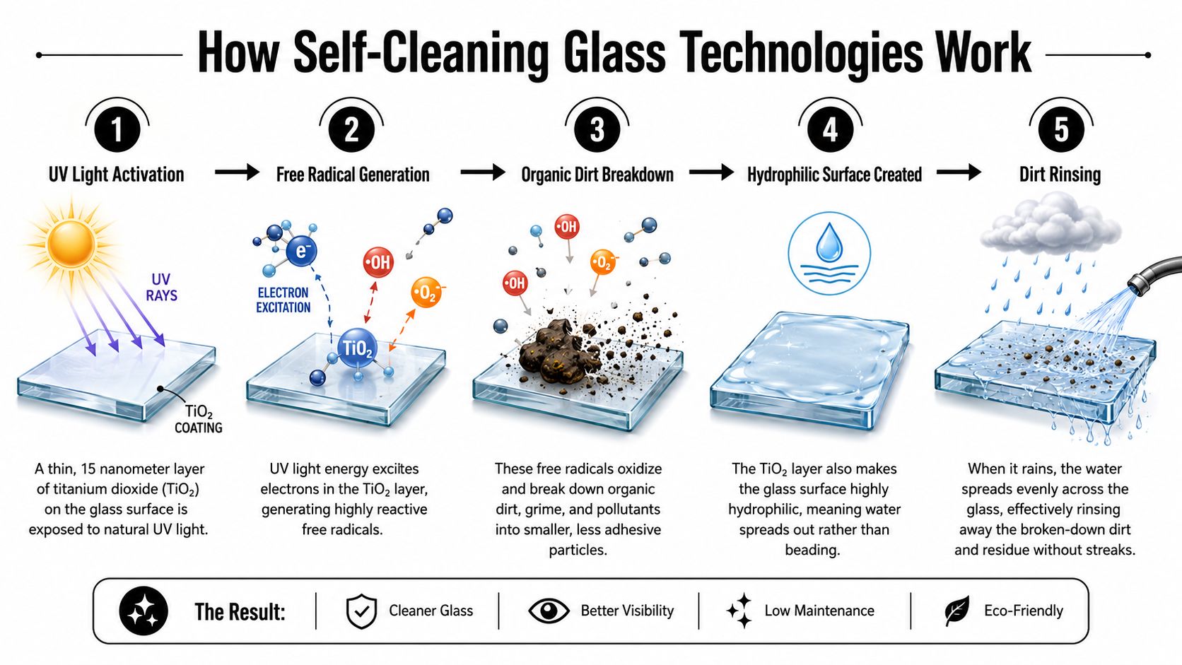 An infographic showing the five-step process of how titanium dioxide coating enables self-cleaning glass technology.