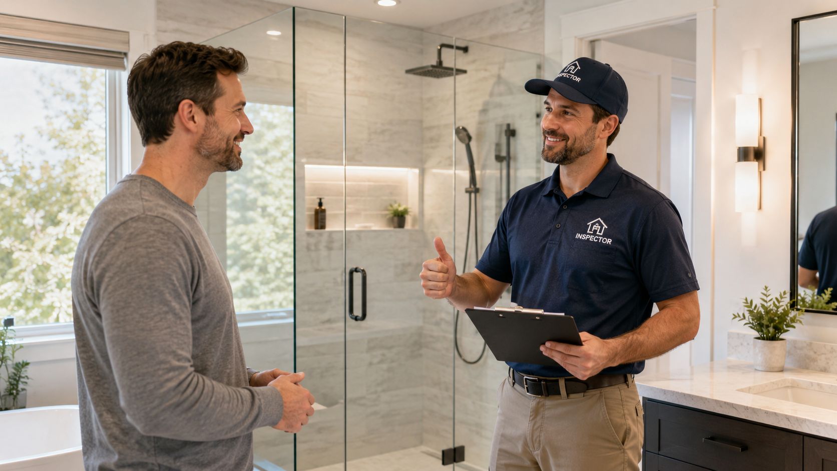 A professional home inspector in a uniform giving a thumbs up to a homeowner in a bathroom.