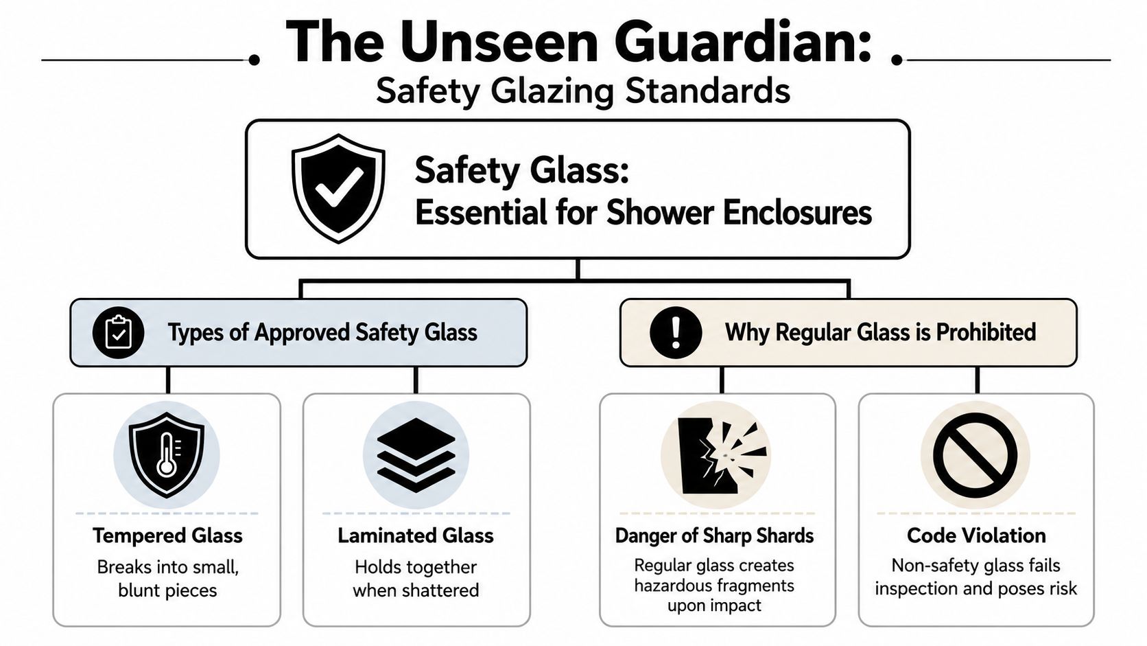An infographic detailing safety glazing standards for shower enclosures, comparing approved safety glass and prohibited regular glass.