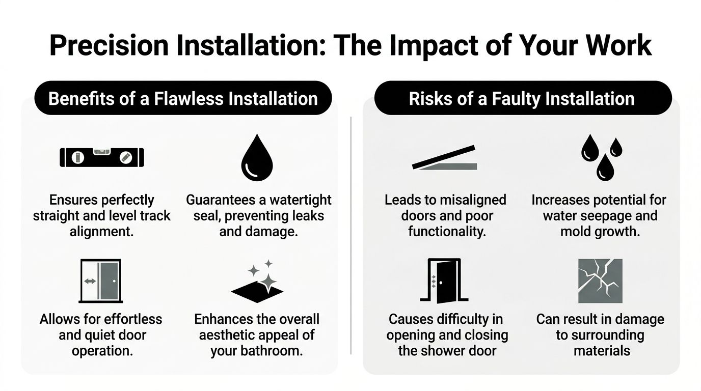 A comparison chart showing the benefits of precise and risks of faulty sliding shower door installations.