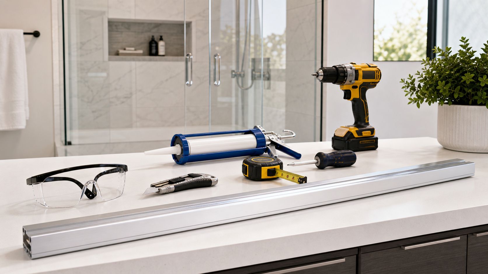 A professional set of tools laid out on a kitchen island for a sliding shower door installation.