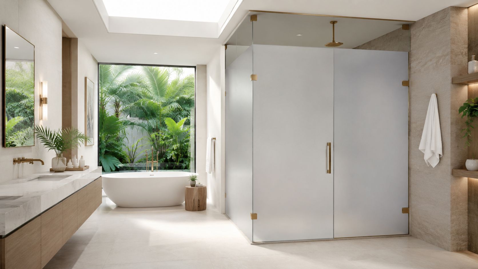 A modern luxury bathroom featuring switchable privacy glass shower doors and a freestanding bathtub with tropical views.