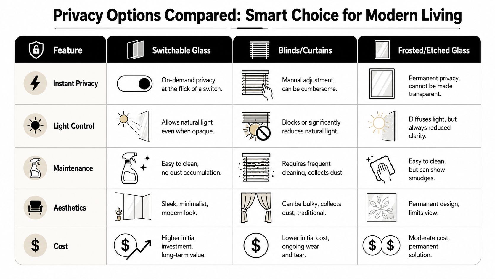 A comparison chart showing features of switchable glass, blinds, and frosted glass for privacy.