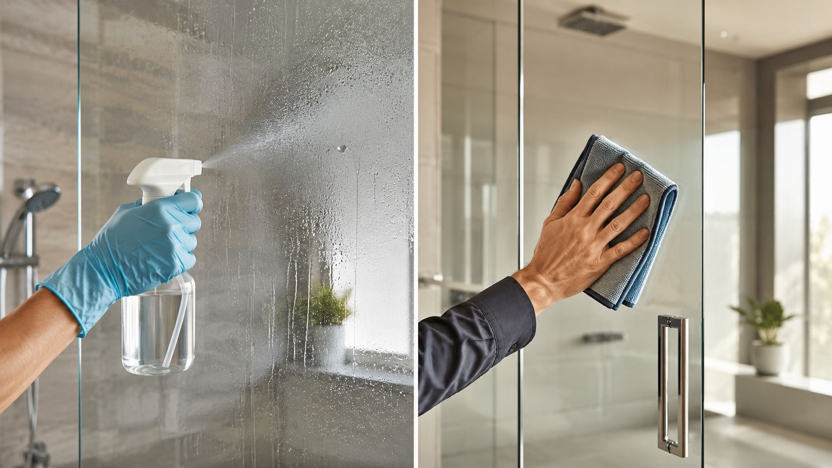 A split-screen view showing someone spraying cleaner on a glass shower door and someone wiping it clean.