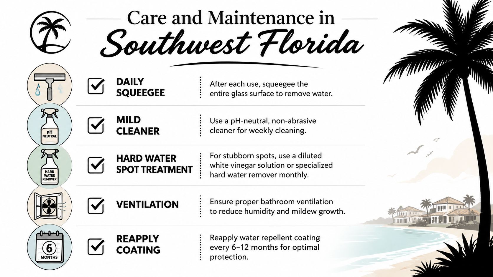 An instructional infographic detailing care and maintenance tips for glass shower doors in Southwest Florida homes.
