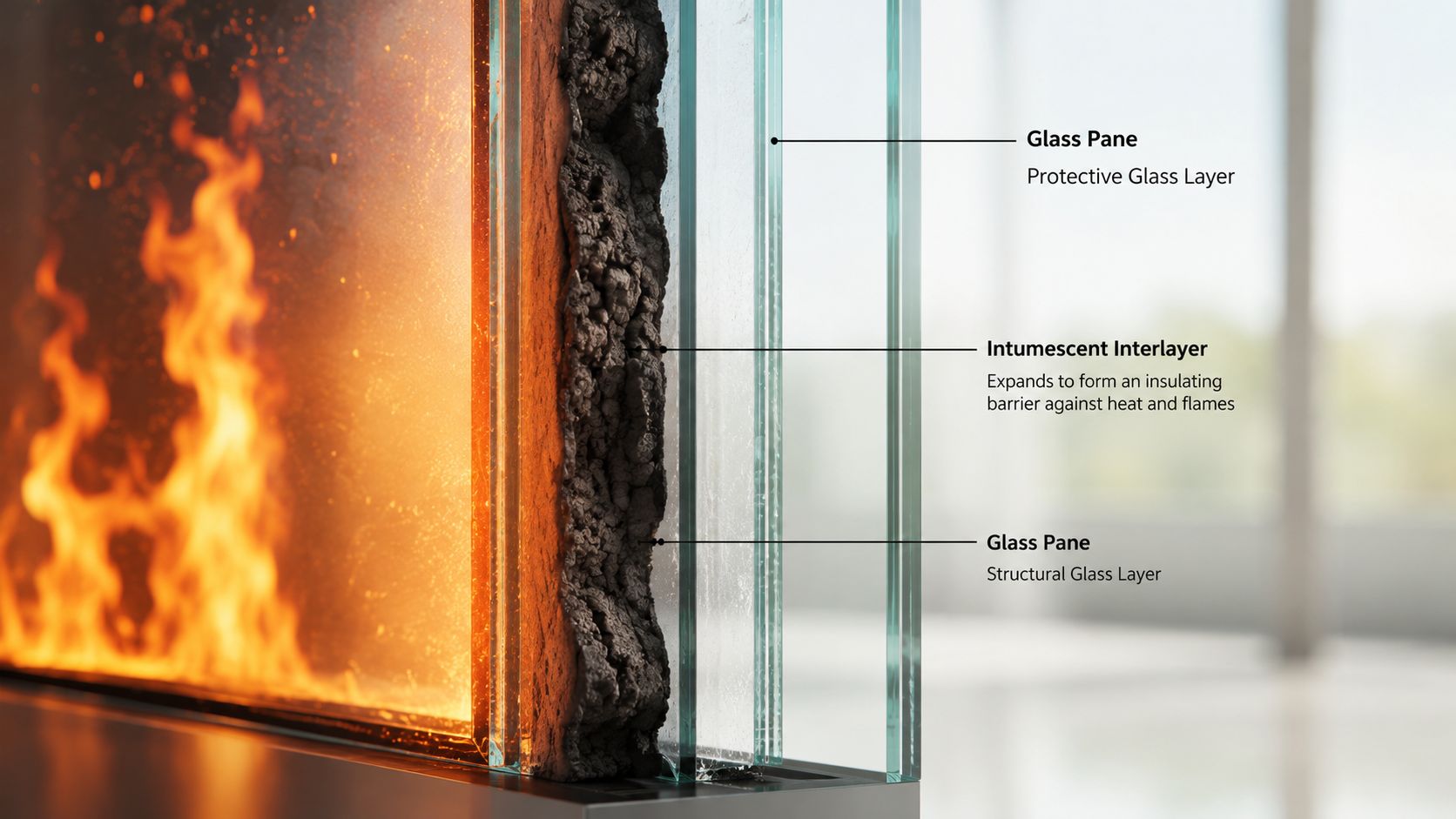 A cross-section diagram showing the structure of fire-rated glass with protective and structural layers.