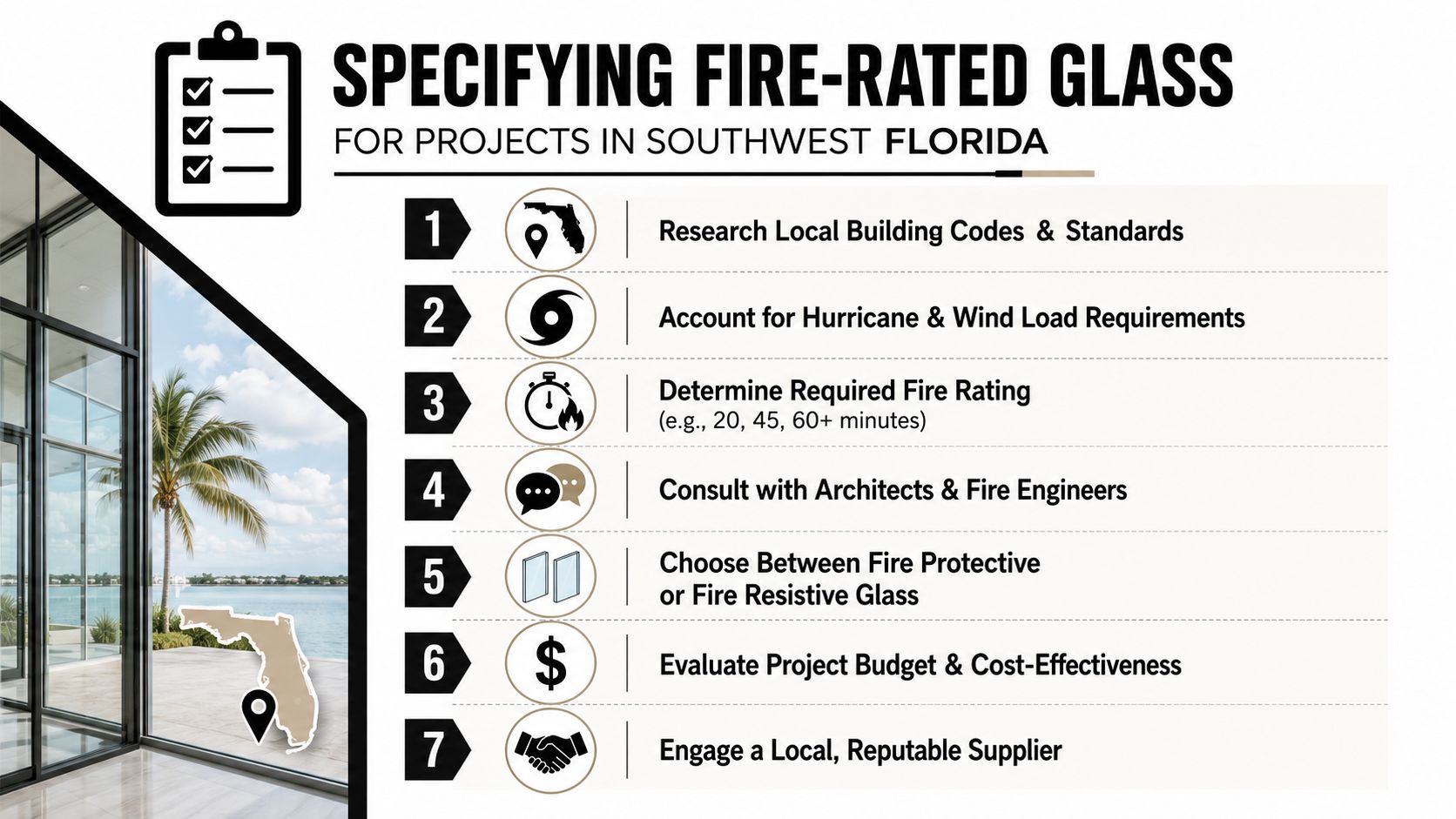 A seven-step infographic guide for specifying fire-rated glass in Southwest Florida construction projects.