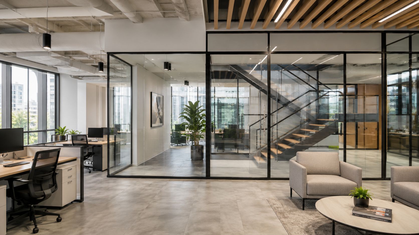 A modern office space featuring open desks, glass-partitioned rooms, a staircase, and comfortable lounge seating areas.